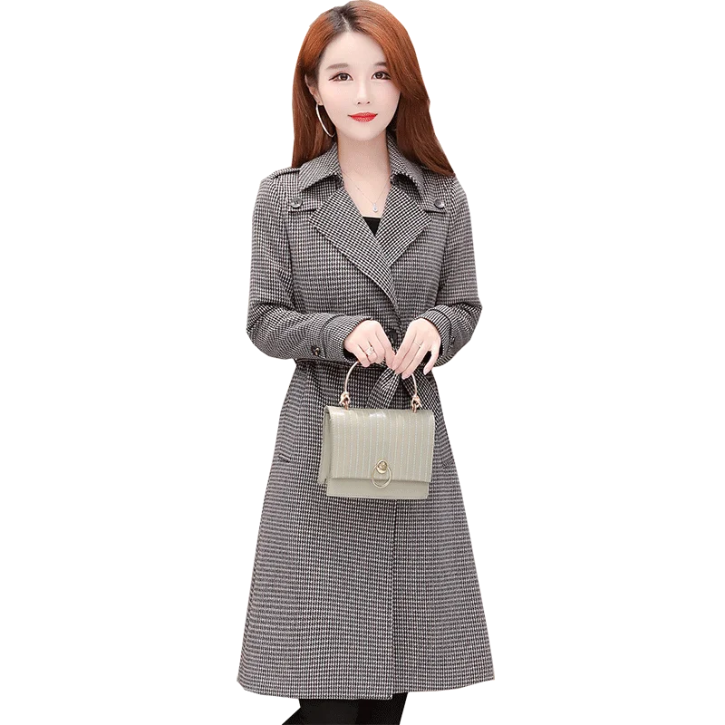 

High-quality double-breasted trench coat medium long spring autumn new fashion slim plaid plus size Windbreaker women's overcoat