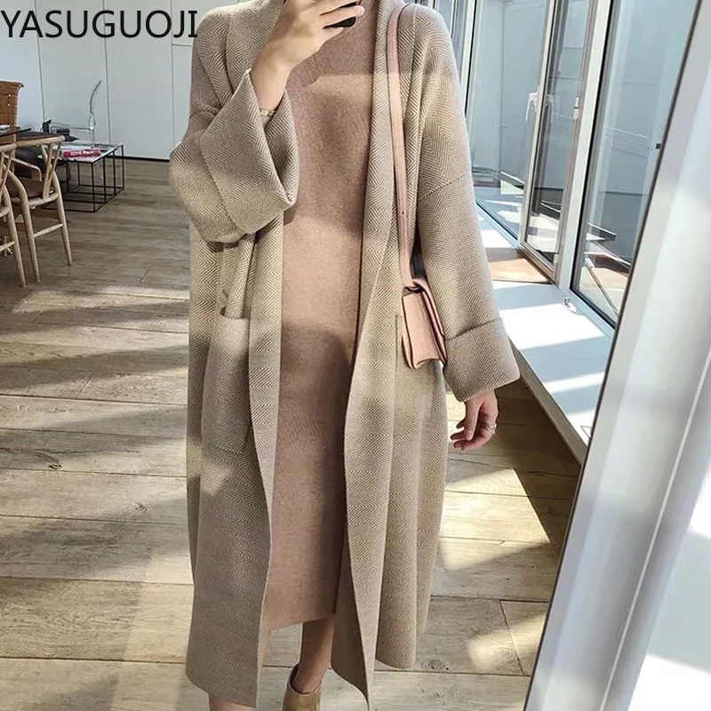 Длинный кардиган цвета хаки YASUGUOJI женский кашемировый однотонный вязаный свитер