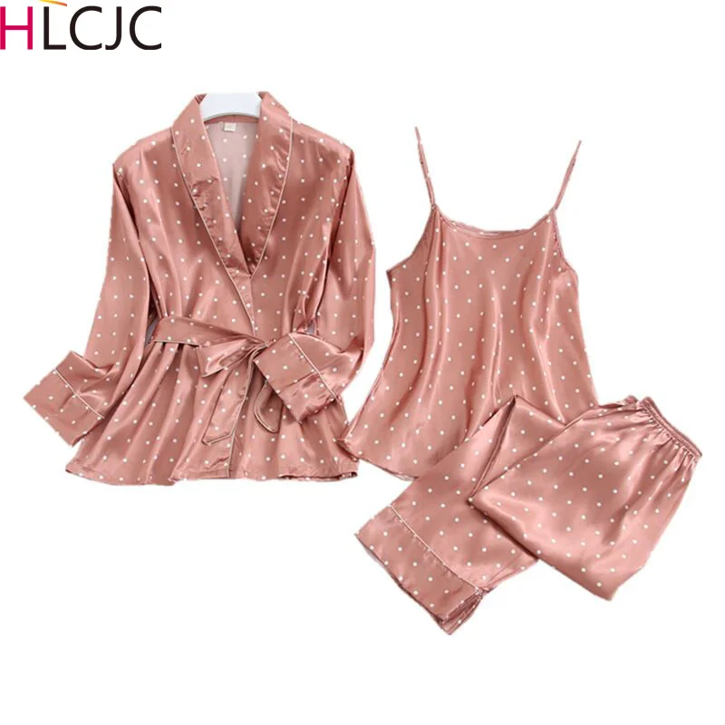 Весенние женские шелковые пижамные комплекты из 3 предметов с брюками в горошек