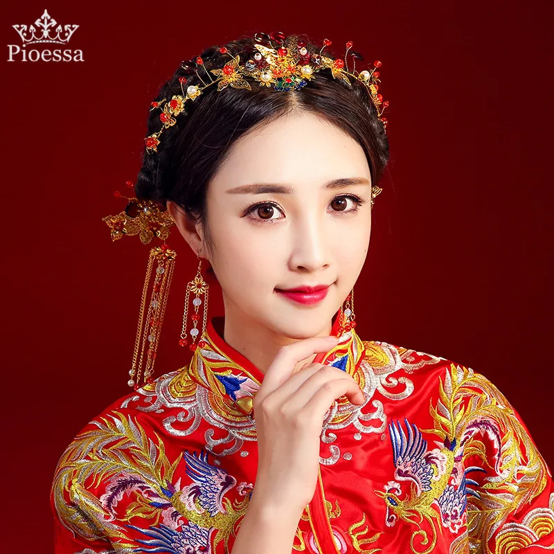 

Новый головной убор в китайском стиле для невесты корона для брака Традиционный китайский свадебный наряд шпилька для волос в старинном стиле аксессуары