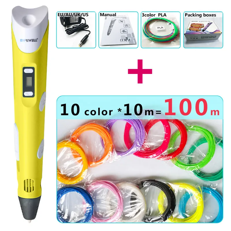 Yellow pen Package 2 Myriwell 3d Ручка 3d ручки, светодиодный дисплей, ABS/PLA нити, подарки для детей зарядка через USB, 3 d Ручка 3d модели Smart 3d печать pen-3d Волшебное перо - Цвет: Yellow pen Package 2