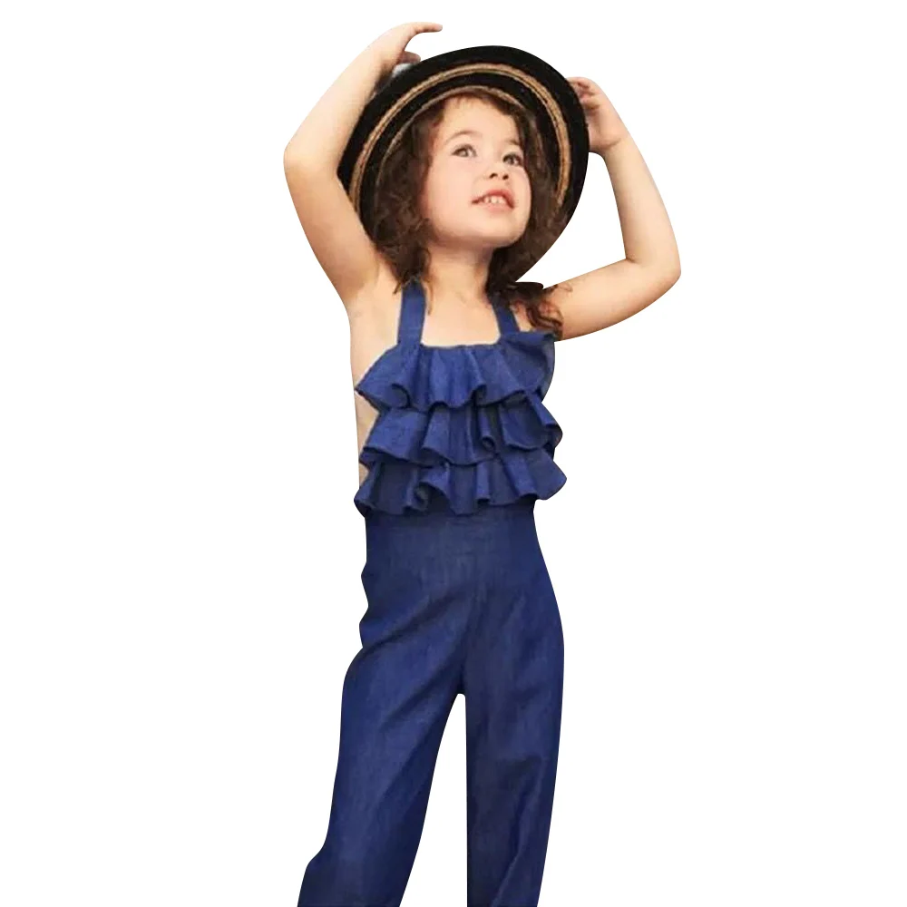 Комбинезон с оборками для маленьких девочек Летний джинсовый комбинезон Детский