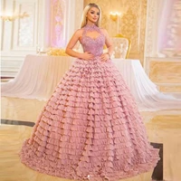 pink princess ball gown prom dresses lace top sleeveless tiered evening photography robe de soiree saudi arabia formal wear