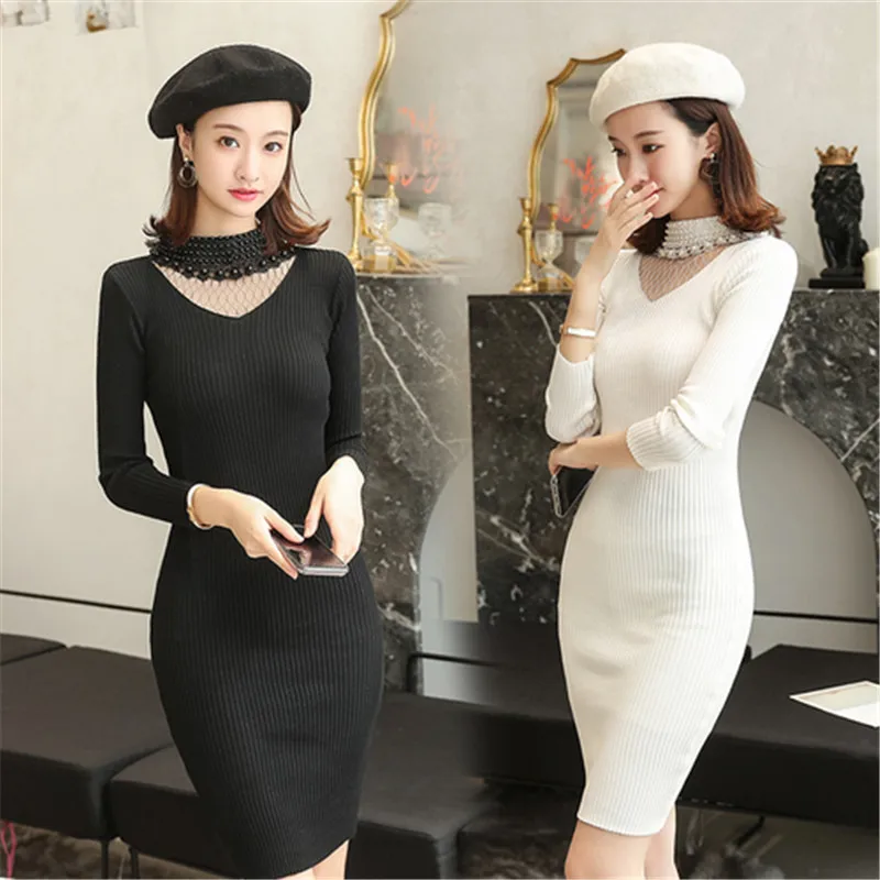 ALPHALMODA осеннее Новое Женское винтажное трикотажное платье с жемчужным воротником и длинным рукавом в стиле пэчворк с воротником, изящное нижнее платье для девушек