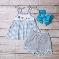 2021 new summer beach theme girl suit blue white and grey checked blouse grey trousers and lace childrens suit