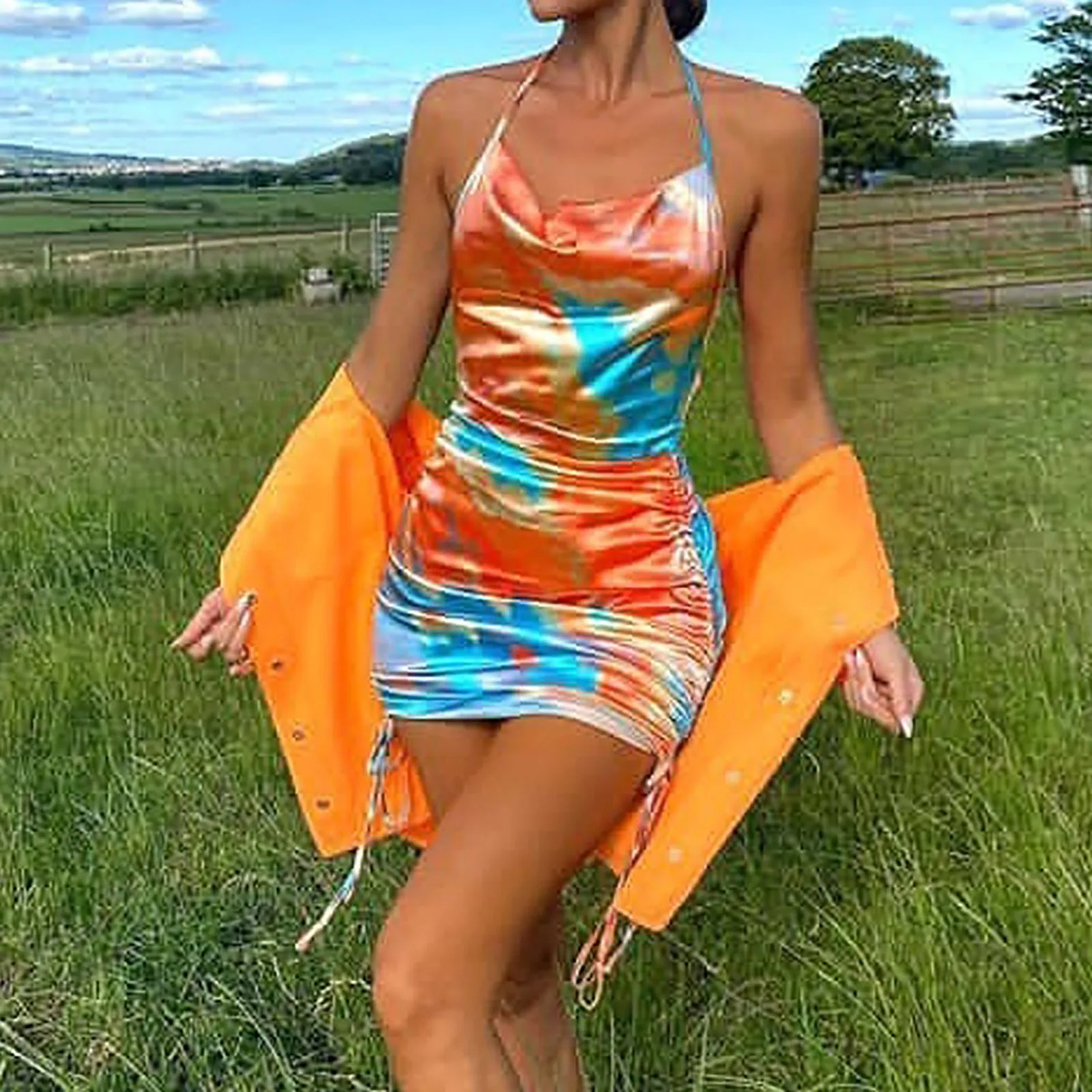 Женское новое модное сексуальное Плиссированное атласное платье на бретельках