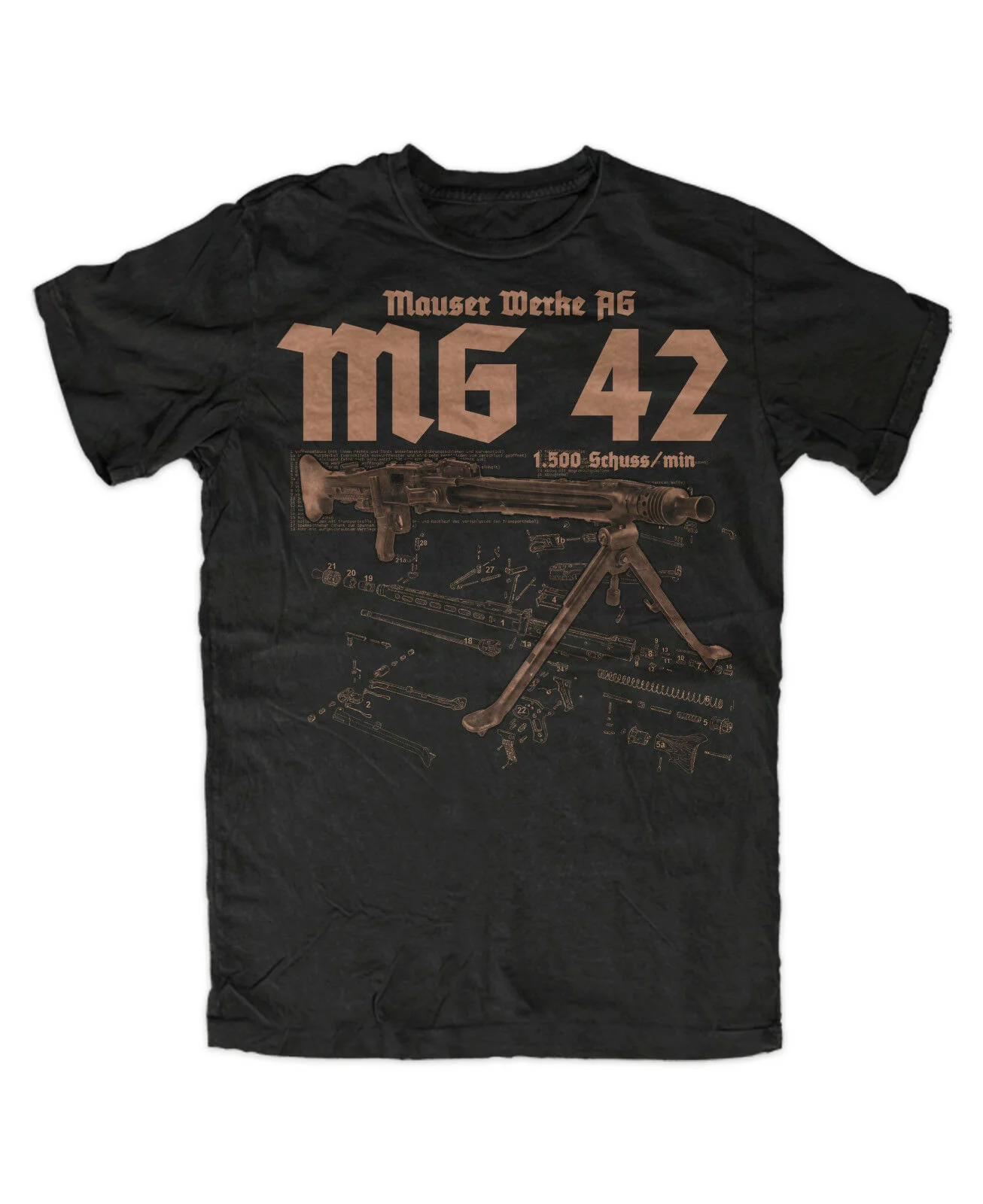 MG 42 machine gun blueprint printing summer cotton O-neck short sleeve T-shirt