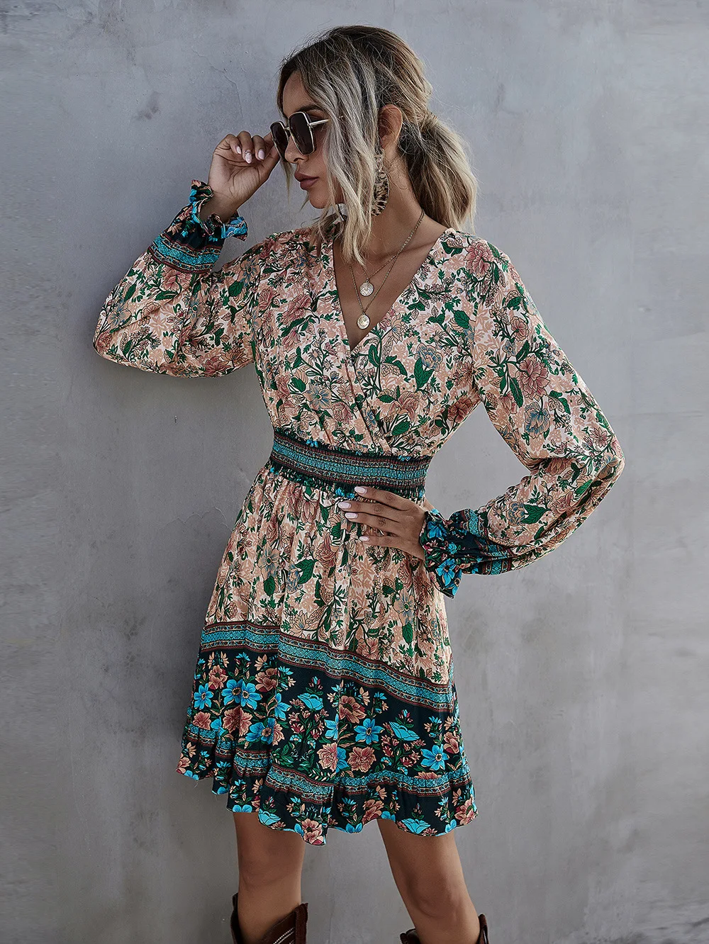 

Women Floral Print Tunic Holiday Dresses 2021 Summer V Neck Beach A Line Mini Boho Long Sleeve Loose Casual Dress Sundress Robe