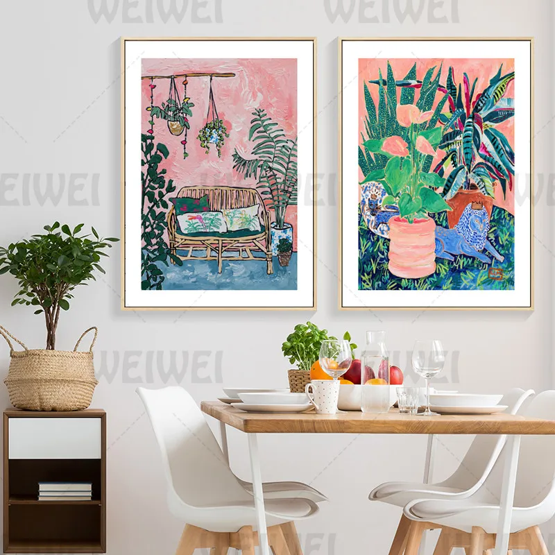 

Plant Life Scene Home Decoration Painting Potted Plant Room Layout Living Room Wall Canvas Poster Pet Cat Bedroom Print Picture