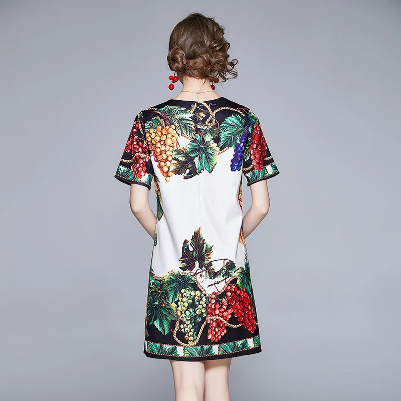 

2021 Summer Women Fashion Casual Short-sleeved Loose Vintage Grape Printed Short Dress Design Runway Mini Dresses Vestidos