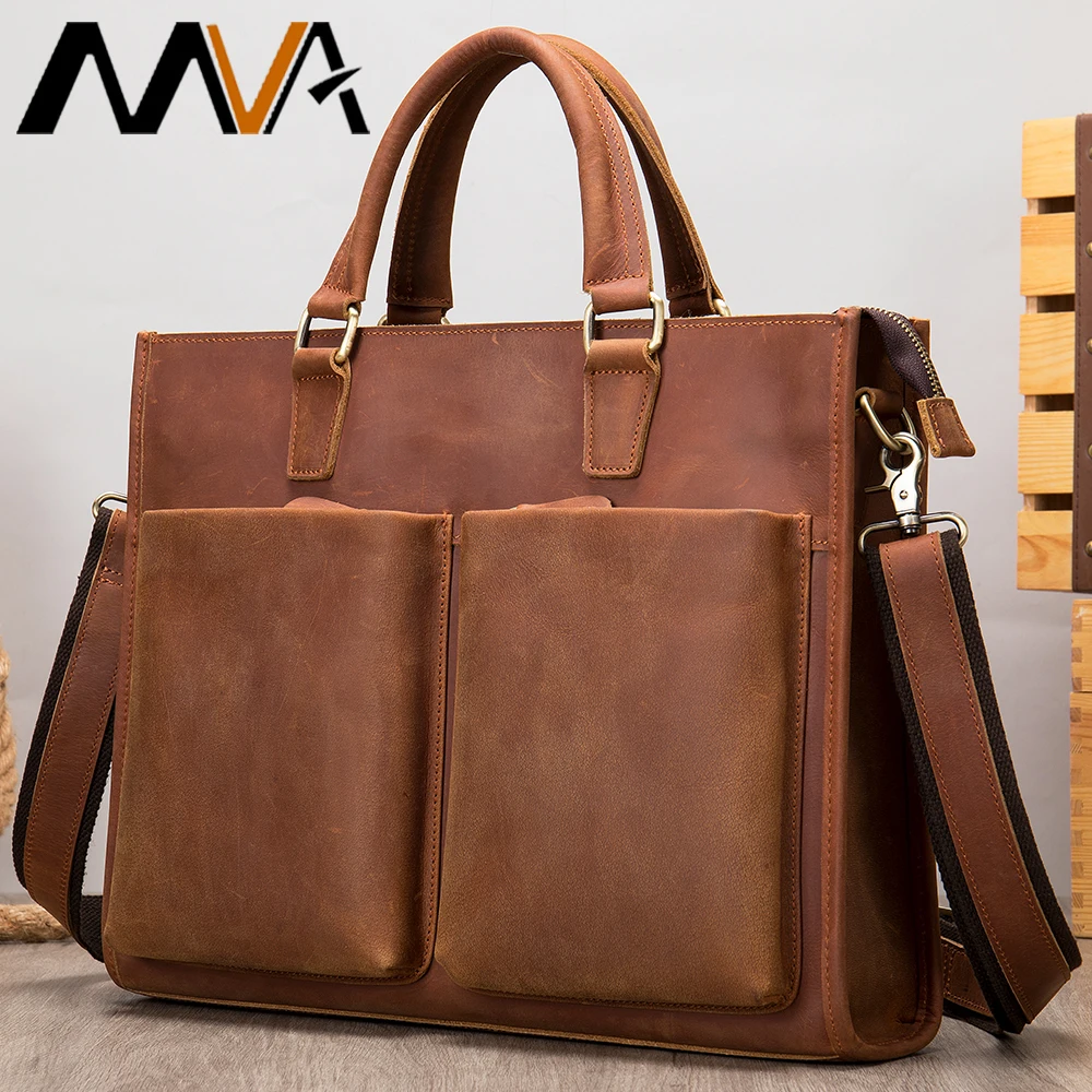MVA Crazy Horse Leather Bag Cowhide Genuine Leather Bag Large Laptop Briefcase Men Vintage Male Briefcase Bags Executive For Man