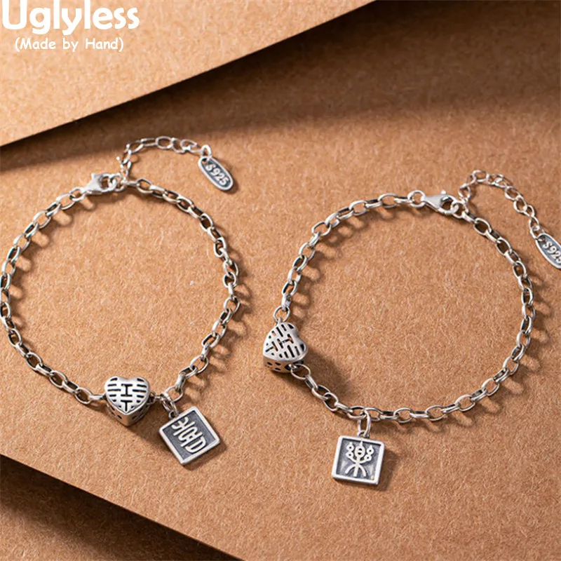 

Uglyless Chinese Double XI= Happy Gifts Jewelry for Girls Women Hollow Heart Bracelets 925 Thai Silver Square Charm Bracelets