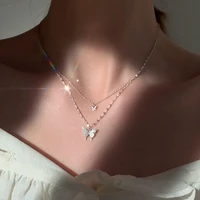 womens jewelry butterfly pendant necklace womens rhinestone crystal pendant double layered wearing light luxury clavicle chain