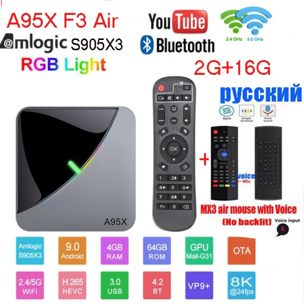 2G 16G MX3 VOICE Android 9,0 RGB светильник Smart tv Box Amlogic S905X3 USB3.0 1080P H.265 4K 60fps Wifi Google Play Netflix Youtube A95X F3 Air 8K - Цвет: 2G 16G MX3 VOICE