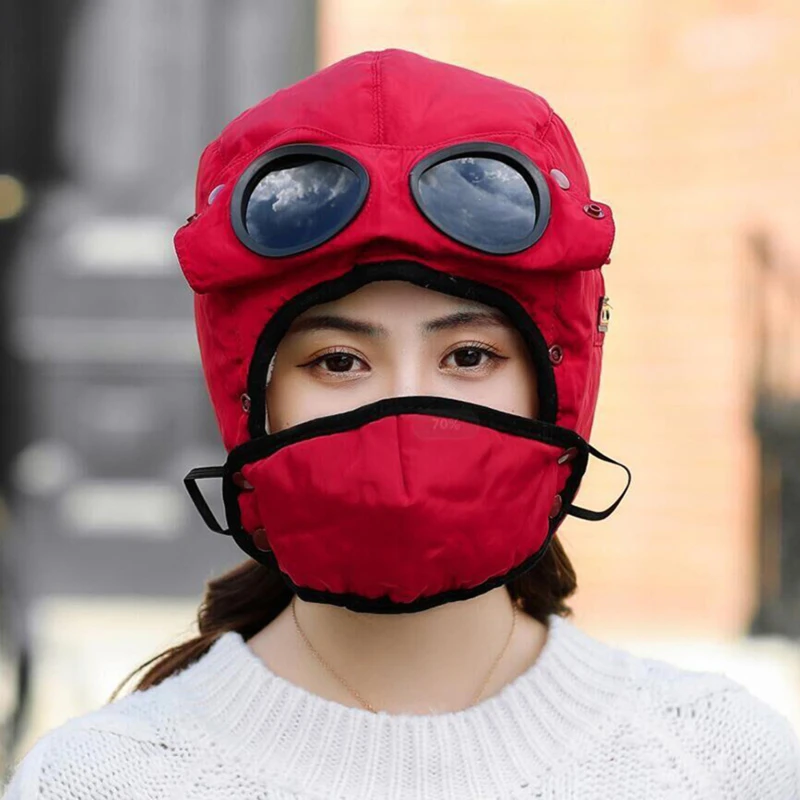 

New Fashion Warm Cap Winter Men Original Design Winter Hats For Women Kids Waterproof Hood Hat With Glasses Face Cover