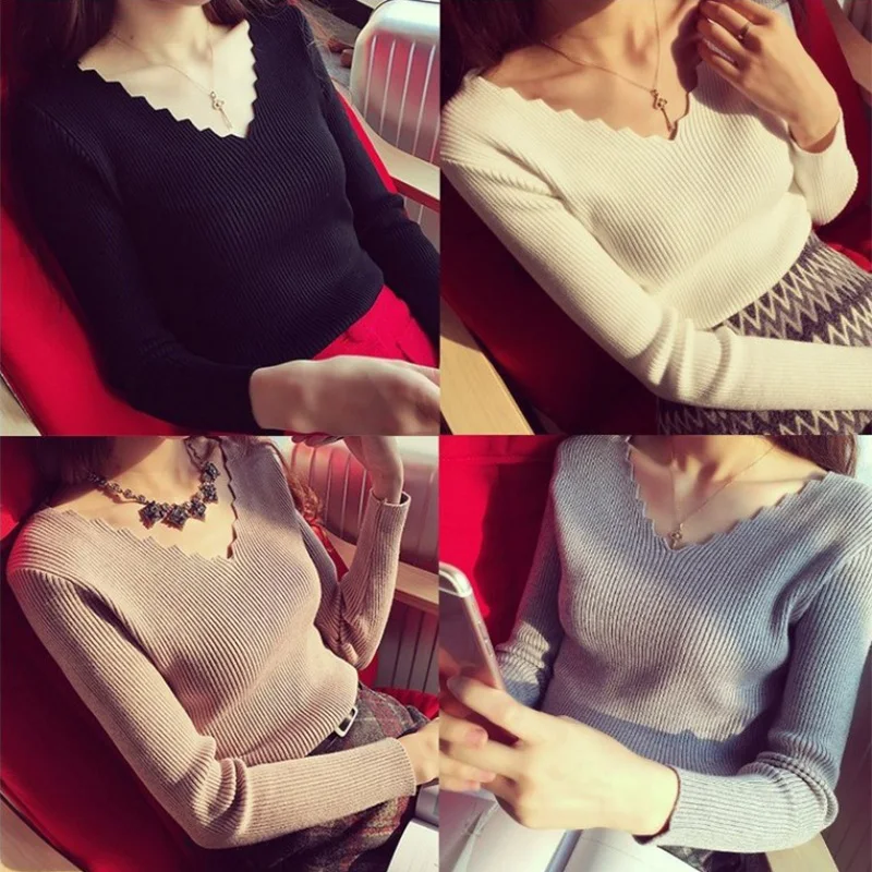 Fashion Autumn Women V-neck Long-sleeve Knitted Sweater Female Jumper Pullover Solid Basic Elasticity Clothing Pull Femme | Женская