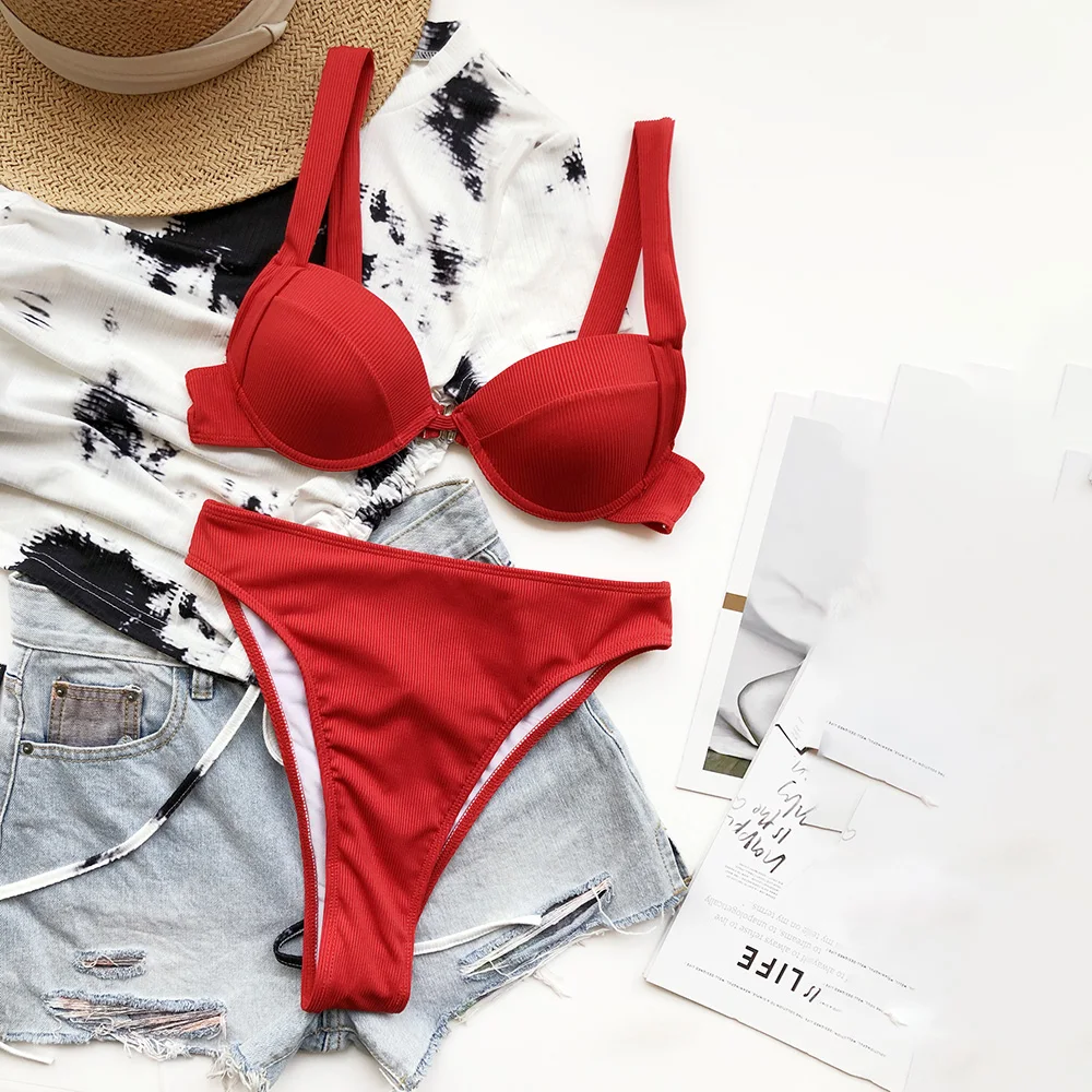 

New Summer Hard Cup Bikini Sexy Tight Open Back And High Waist Solid Color Women's Swimsuit Set Sports Split Women underwear Set