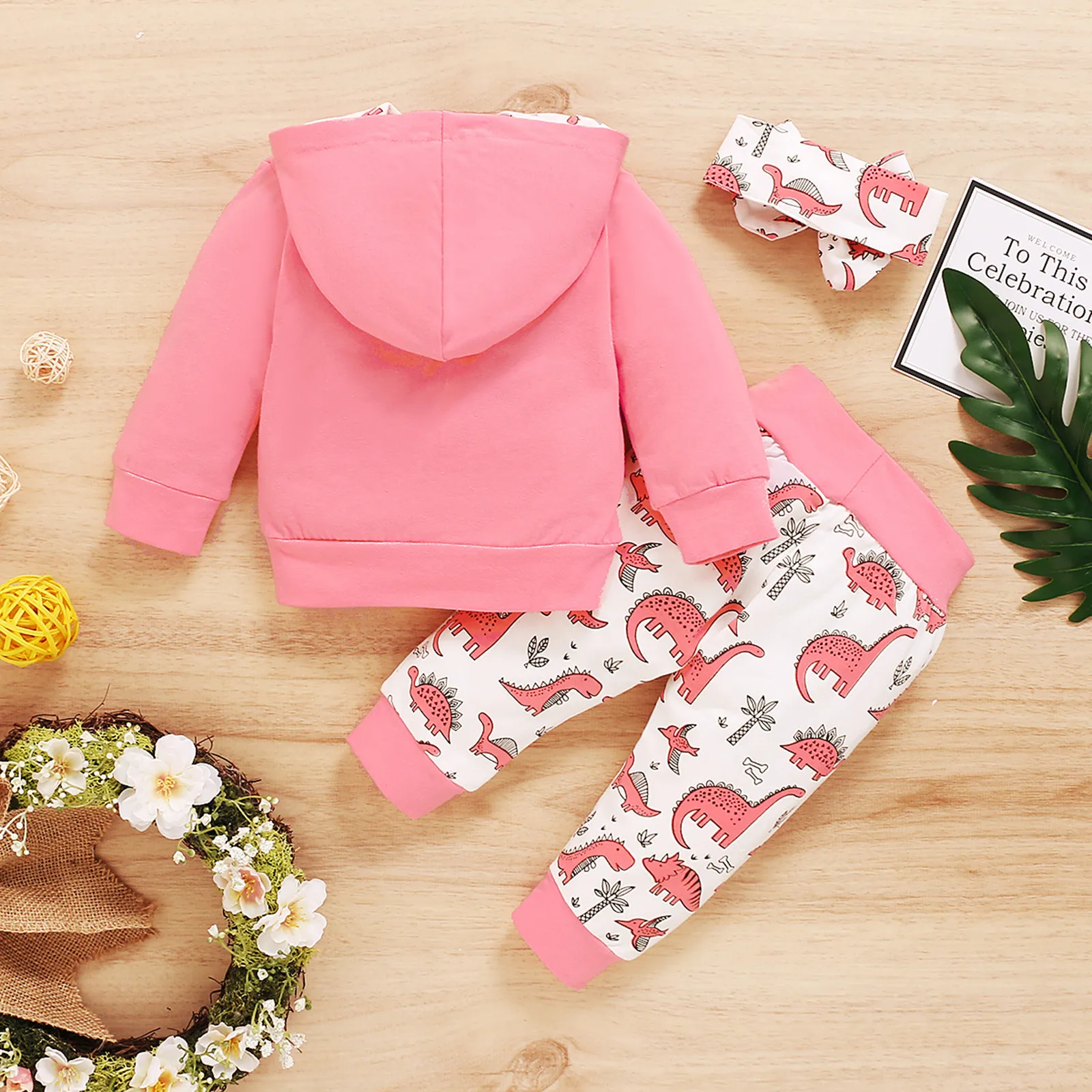 Infant Clothing Sets Baby Boys Girls Letter Print Hoodie Tops+Dinosaur Pants+Headbands Outfits 2Pcs Cotton Clothes Tracksuit