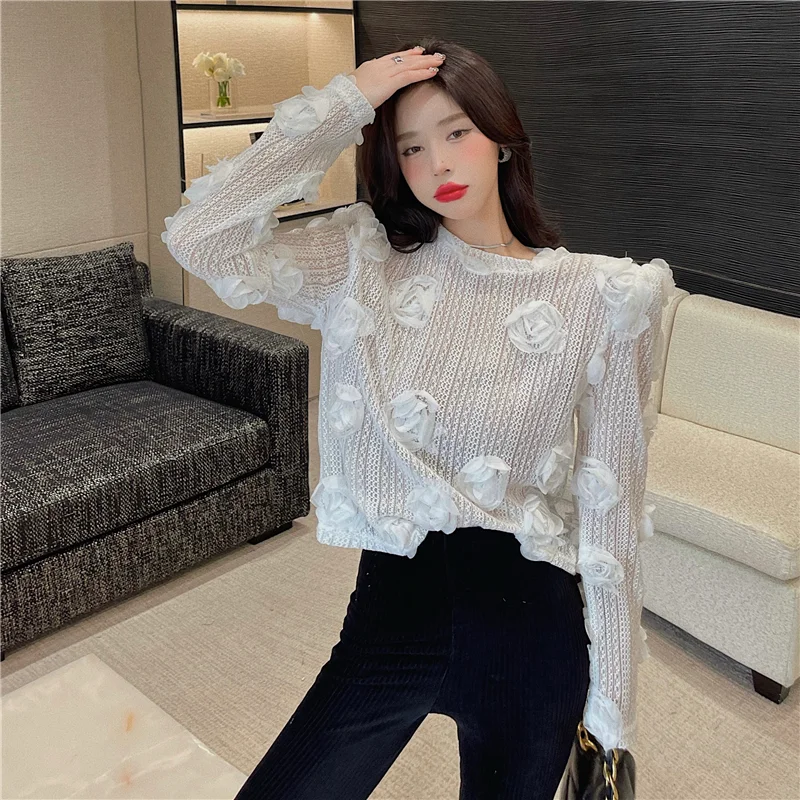 

Fashion Appliques Floral Short Sweater Women for Spring Autumn Long Sleeve Pullovers Jumpers YOU1589