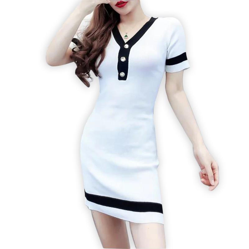 

Женское трикотажное платье-футляр на пуговицах, с V-образным вырезом