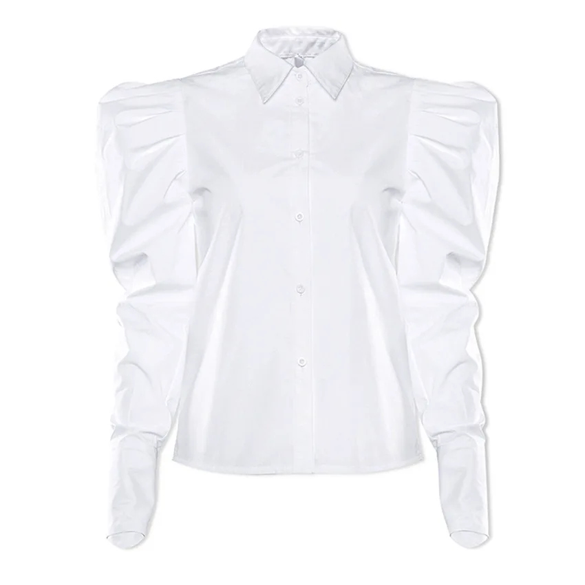 

SuperAen Loose 2021 Spring New Retro Solid Puff Sleeve Turn-down Collar Office Lady Shirt Women