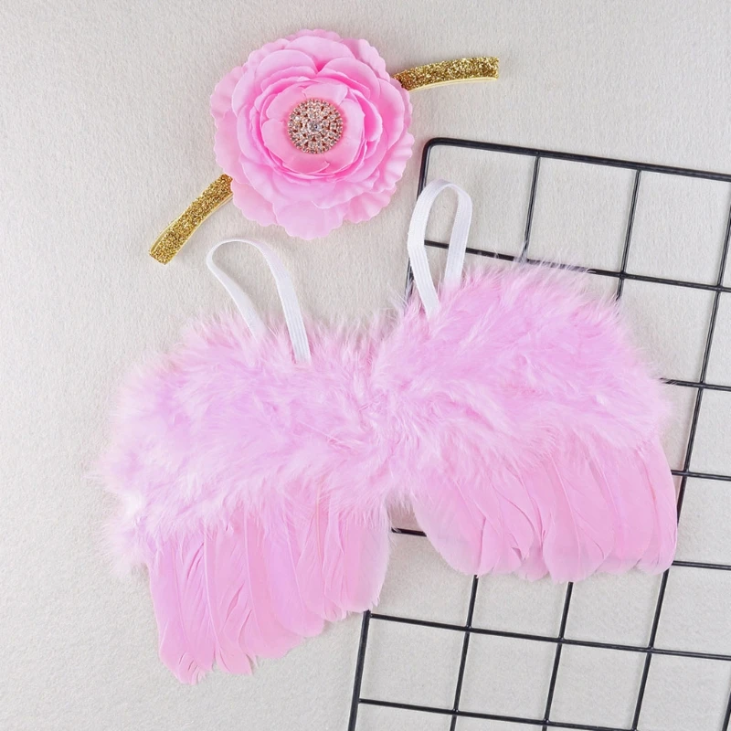 

2021 New 2 Pcs Baby Feather Angel Wing+Headband Set Newborn Photography Props Costume Headwear Infants Photo Shooting Outfits