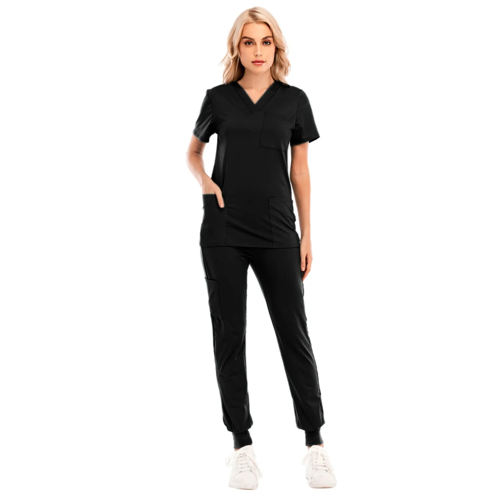 

Women Men Short Sleeve V-neck Tops+Pants Nursing Working Uniform Set Suit Hospital Doctor Clothes Overall Lady Clothing