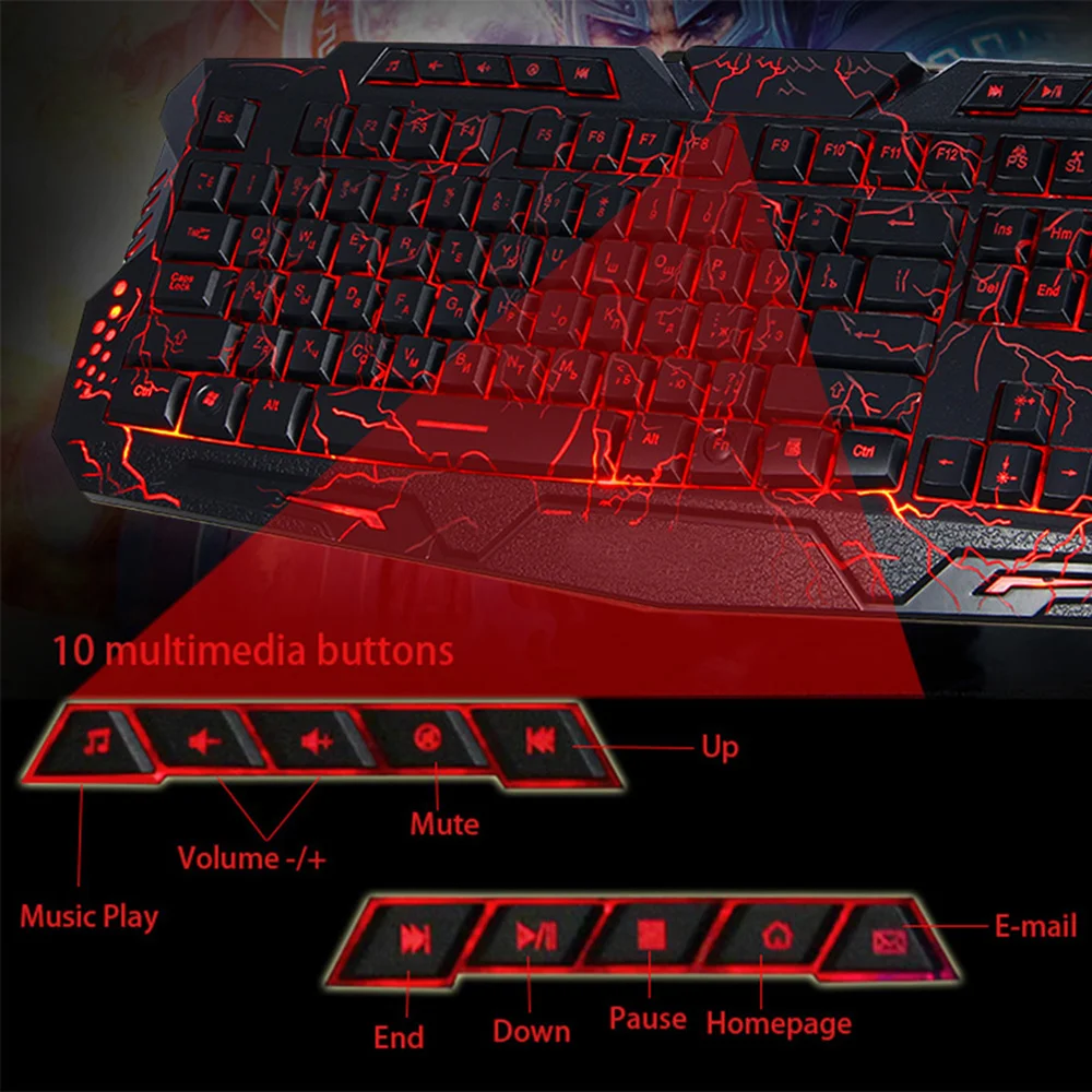 Русская/английская игровая клавиатура LED 3 цвета USB Проводная цветная дышащая
