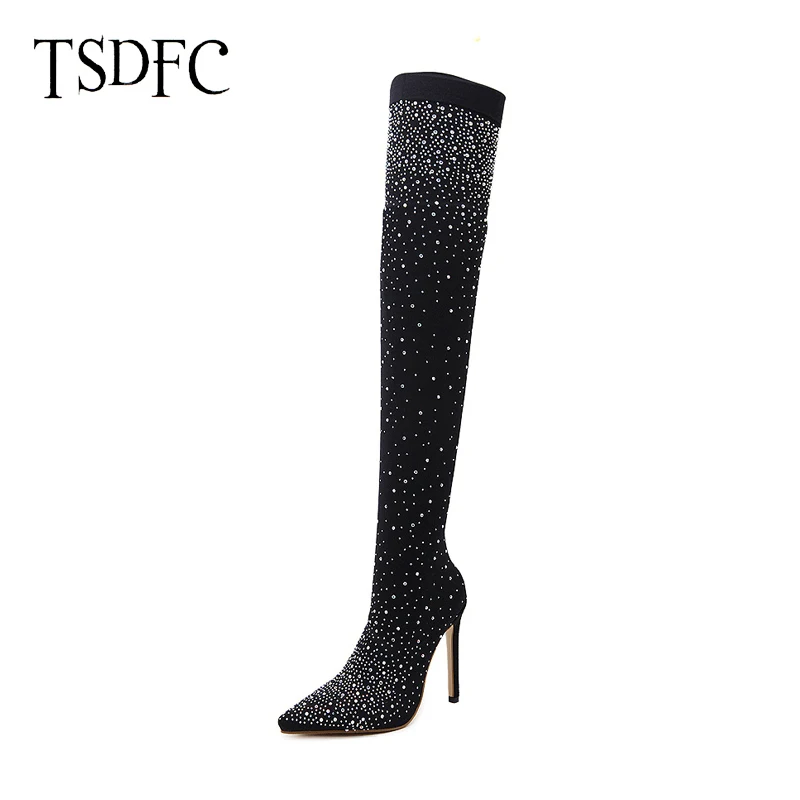 

2021 Winter Over The Knee Women Boots Stretch Fabrics Boots Fashion High Heel Slip on Shoes Pointed Toe Long Boots Plus Size 43