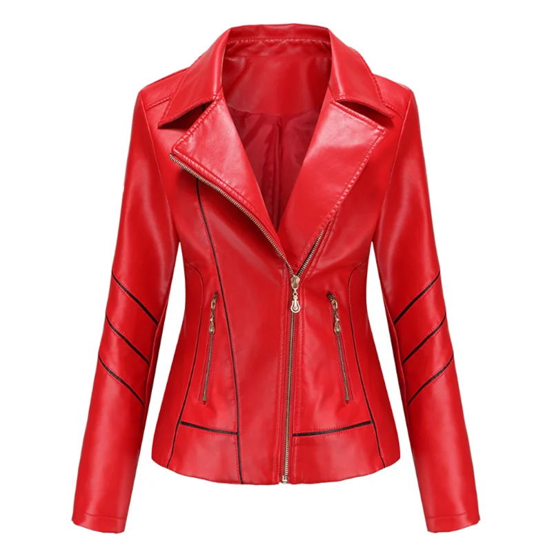 

2021 Spring Autumn Faux Pu Leather Jackets Women Stripe Outerwear Pocket Zipper Coat Slim Biker Jacket Red Black Womens Clothing