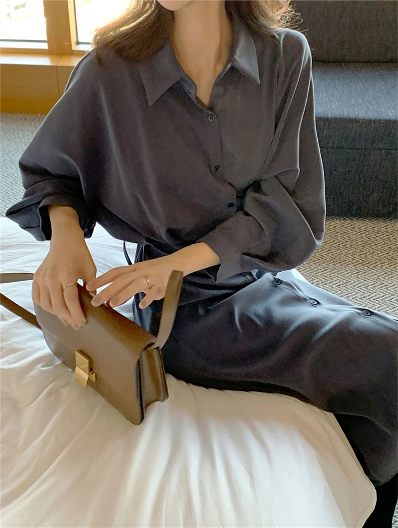 

Women Spring Summer Shirt Dresses Fashionable Elegant High Waist Vintage Korean Style Lady Lace Up Long Dress 2021 New