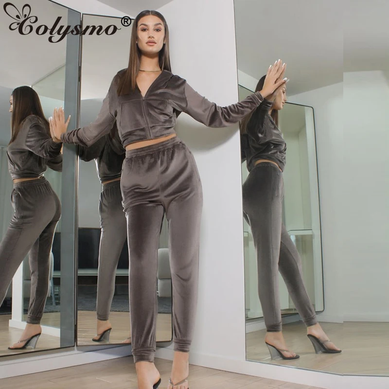 Colysmo Velour Matching Sets Zipper Pocket Cropped Hoodie Elastic Waist Sweatpants Loungewear Women Tracksuit Two Piece Outfits