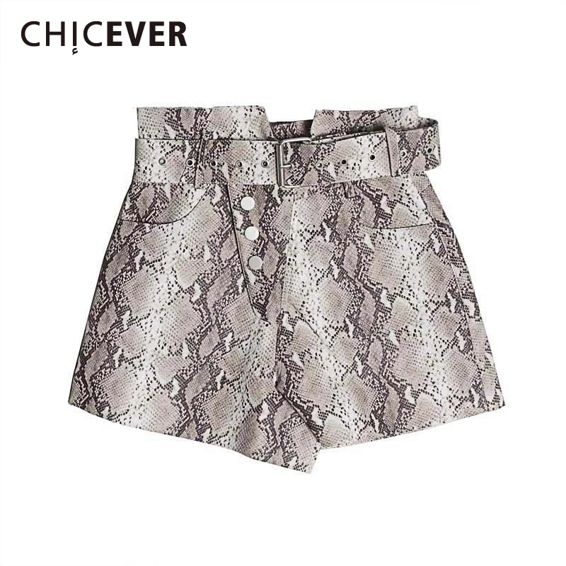 CHICEVER Print Snake PU Leather Women's Shorts High Waist With Sashes Vintage Short Pants Female Fashion 2020 Clothing | Женская