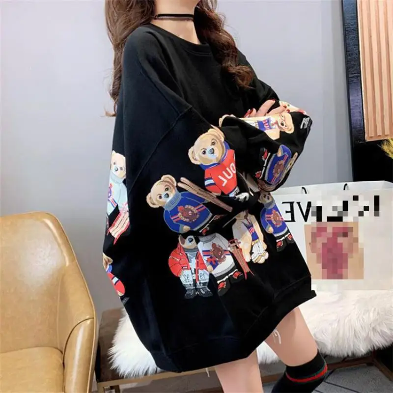 

Осень 2021, новинка, свободный женский свитер с рисунком в виде медведя, корейский Повседневный простой черный уличный стиль, женские топы, бе...