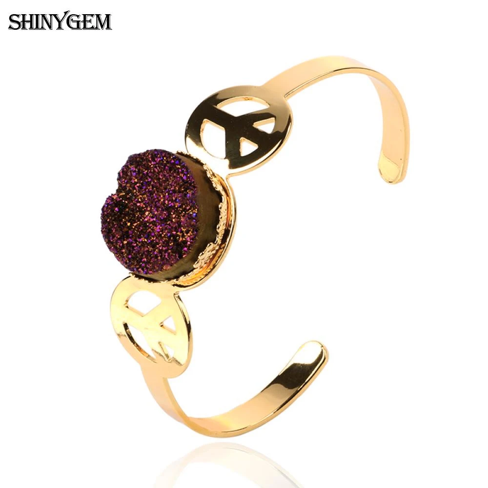 

Vintage 24K Gold Plating Color Natural Mineral Druzy Agates Bracelets For Women Open Cuff Round Palace Style Bangle Gift