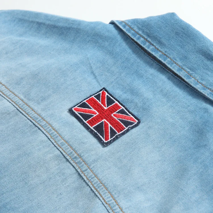 

Men New Summer American Flag Blue Jeans Shirts Fashion Male Patchwork Casual Washed Short Sleeve Denim Shirt Homme Camisa