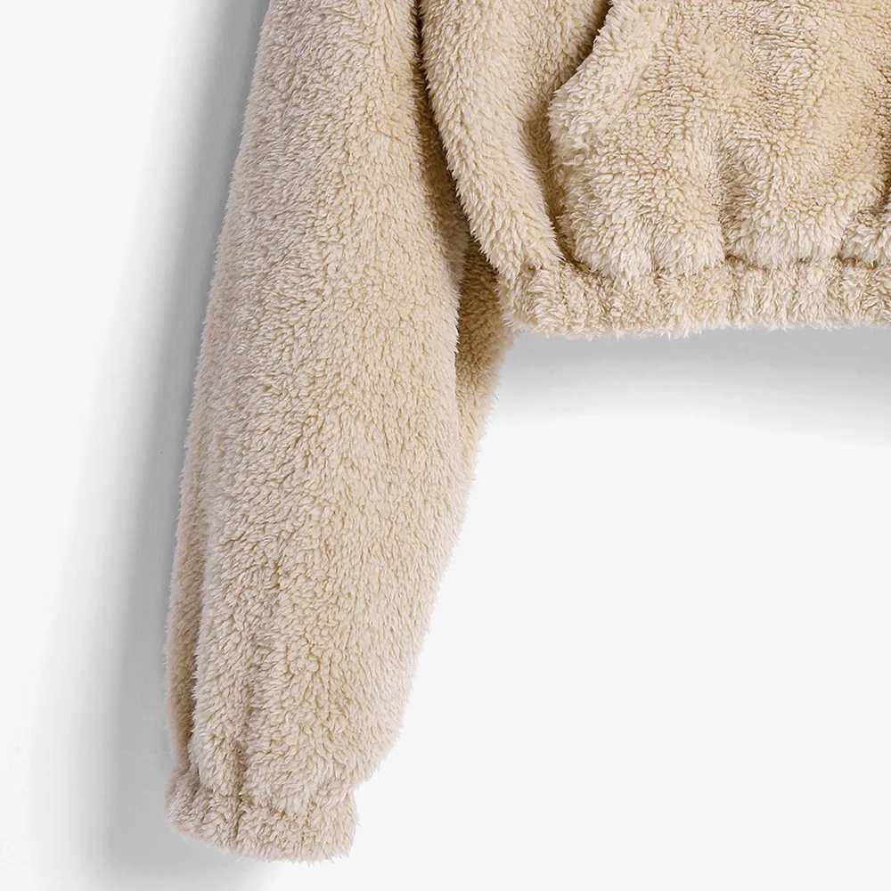 

ZAFUL Women Faux Fur Sweatshirt Front Pocket Solid Half-Zip Crop Long Sleeve Casual Drop Shoulder Pullovers 2020 Autumn Outwear