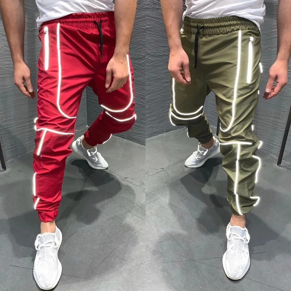 

2021 Man Fashion Hip Hop Sweatpants Casual Night light Joggers Striped Trousers Men Streetwear Reflective Joggers Pants