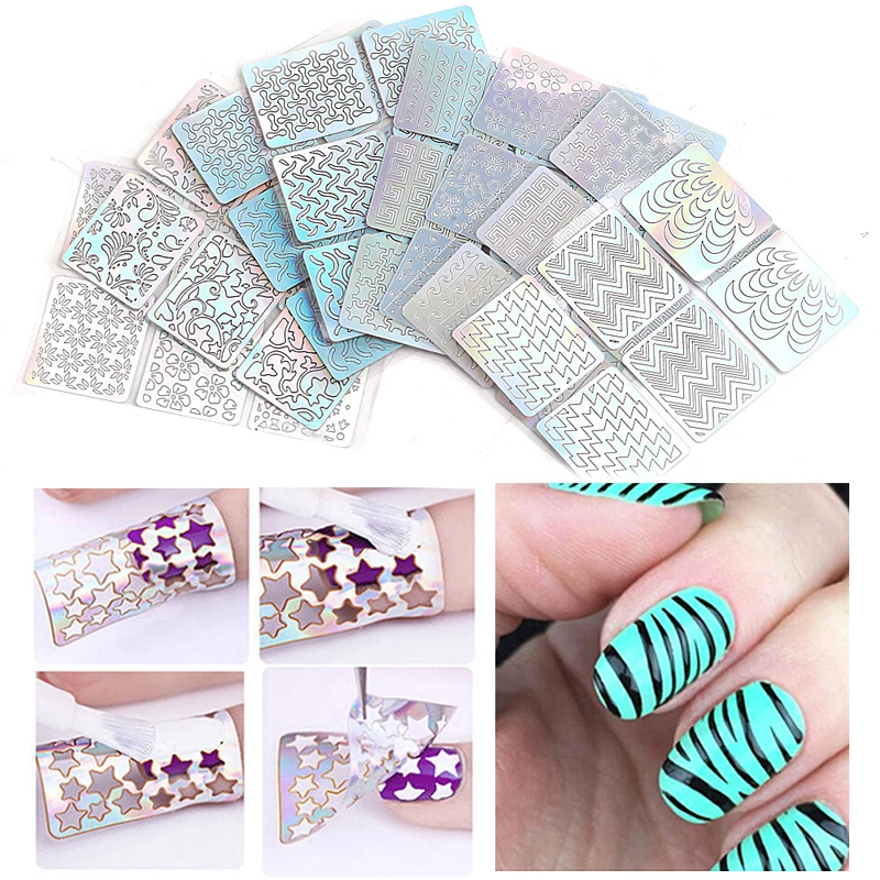 

24 шт., лазерные полые наклейки для ногтей