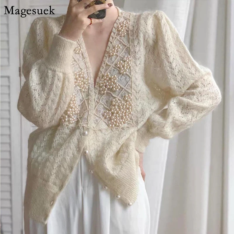 

Autumn and Winter New Cardigan Sweater Coat Women Fashion Mohair Pearl Soft Knitted Cardigan Women Long Vintage Sweaters 17810
