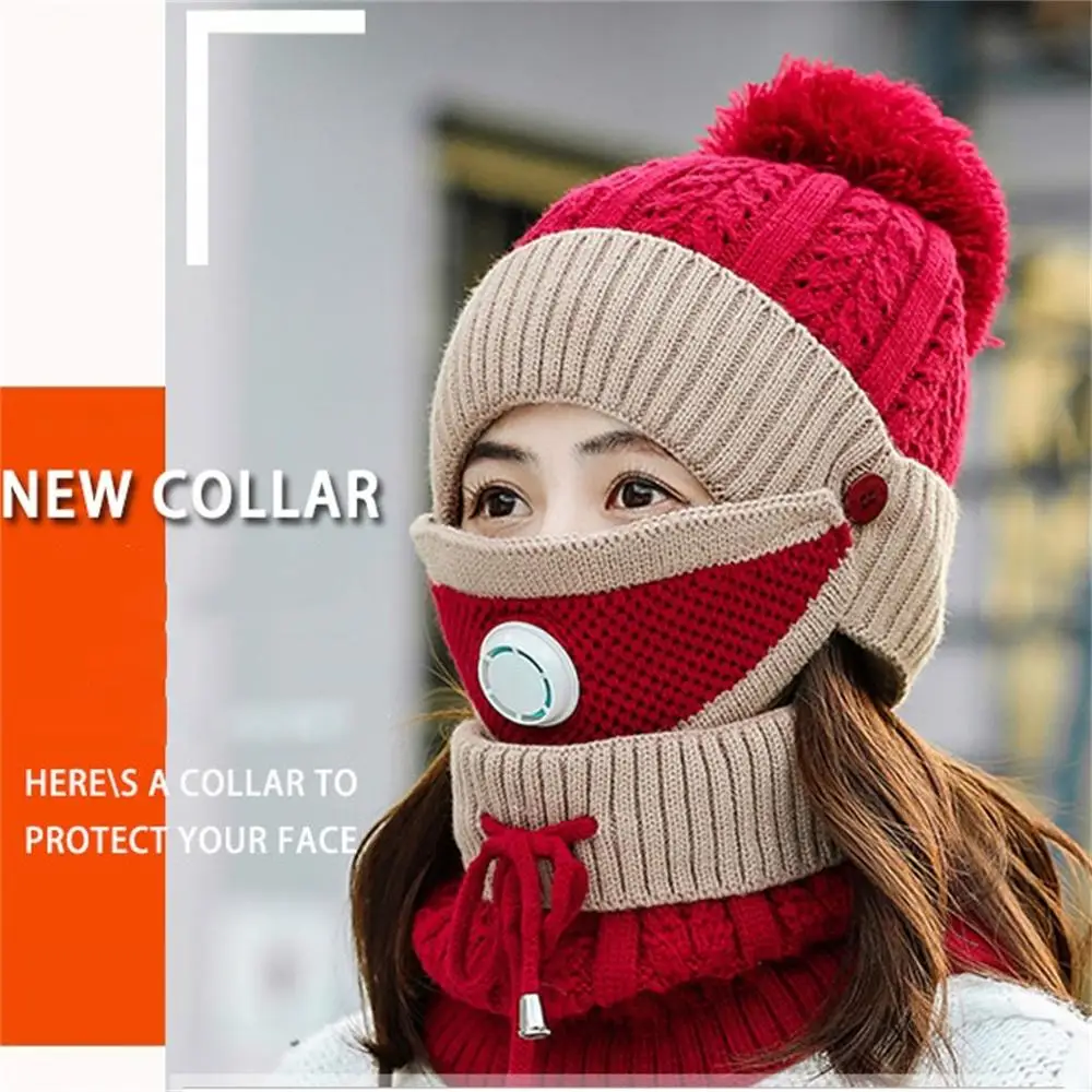 5Sets/lot Women Hats Knitted Wool Scarf Hat Pompom Cap Set Warm Winter + Mask Female Riding Bicycle Outdoor | Детская одежда и