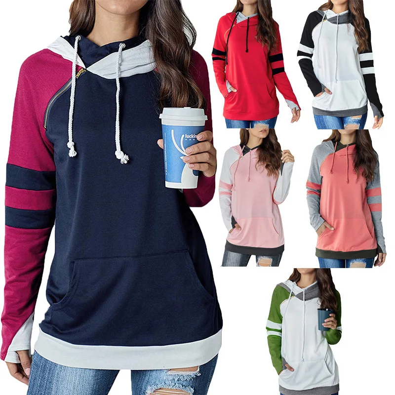

Women's Sweatshirt Cotton Patchwork Hooded Zipper Long-sleeved Sweatshirt Large Size Casual Loose Hoodies with Hat for Girls