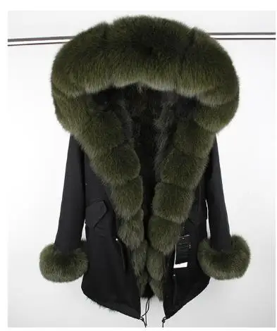 Green fur Брендовая зимняя женская куртка, длинная шуба из натурального Лисьего меха, женские теплые меховые куртки, воротник из натурального меха енота, парка с подкладкой из натурального меха - Цвет: Green fur