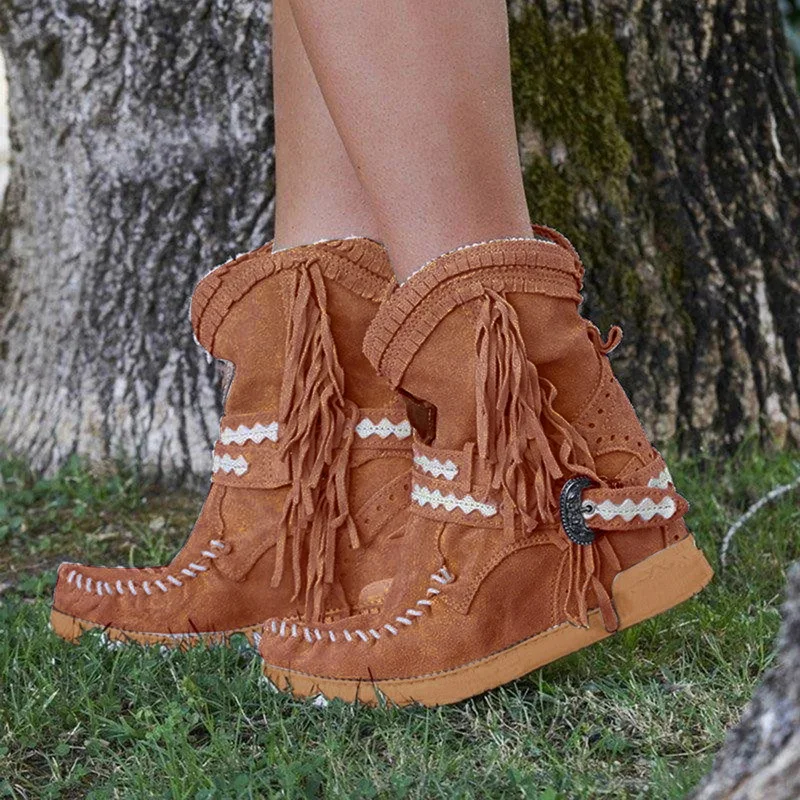 Fringe Middle Boots Women Sexy Tassel Boots Fashion Buckle Motorcycle Boots Flat Heel Boot Women Cowboy Style Bota Feminina