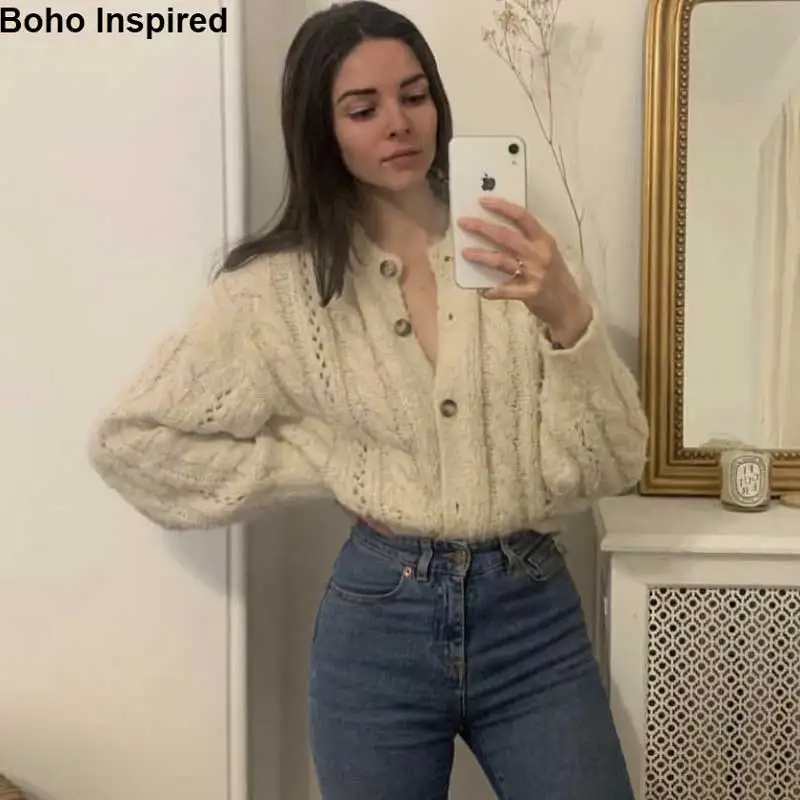 Богемный Вдохновленный шерстяной зимний Кардиган женский вязаный длинный рукав