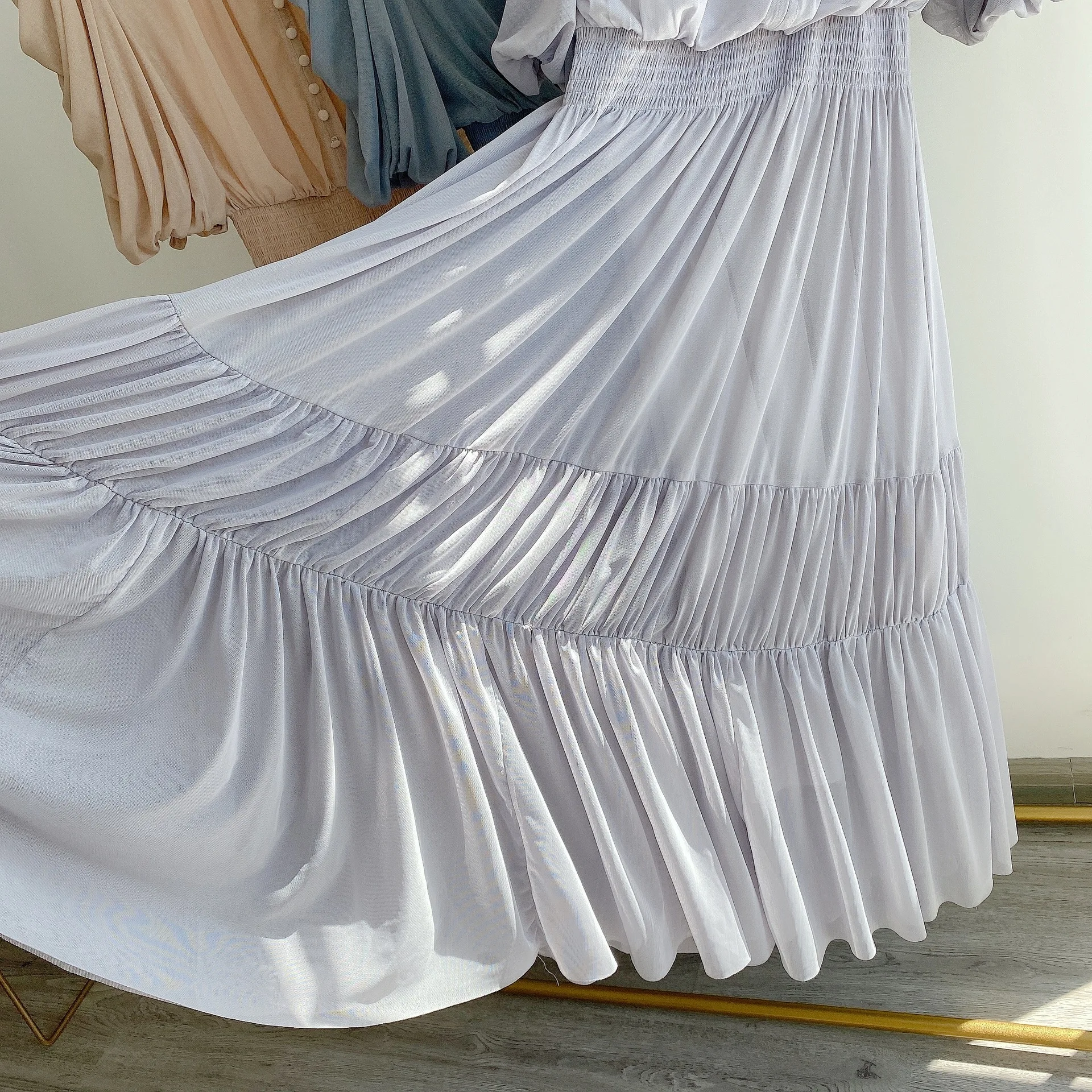 

Chic Button Puff Sleeve Design Woman Dresses Japan Style Solid Sweet Pleated Vestidos Fresh High Waist Chiffon Dress