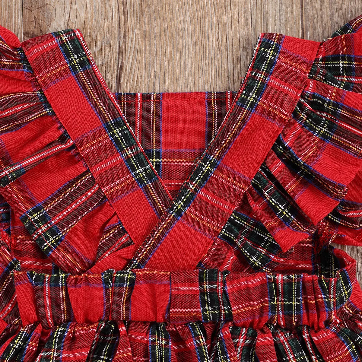 

WOSHILAOCAI Newborn Baby Girls Christmas Bodysuit Infant Ruffles Short Sleeve Plaid Jumpsuit Thick Autumn Winter Set