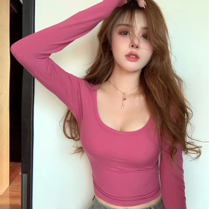 Женская облегающая футболка с длинным рукавом и U-образным вырезом Осень-зима 2021 |