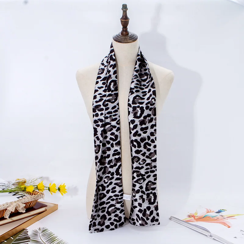 

2021 New Spring Fashion Leopard Square Silk Scarf for Women 14*145cm Long Warp Soft Headscarf Female Girls Outdoor Warm Scarves