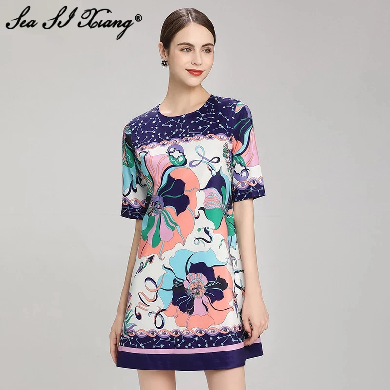 

Seasixiang Fashion Designer Summer Mini Dress Women O-Neck Short Sleeve Crystal Diamonds Loose Print Dresses